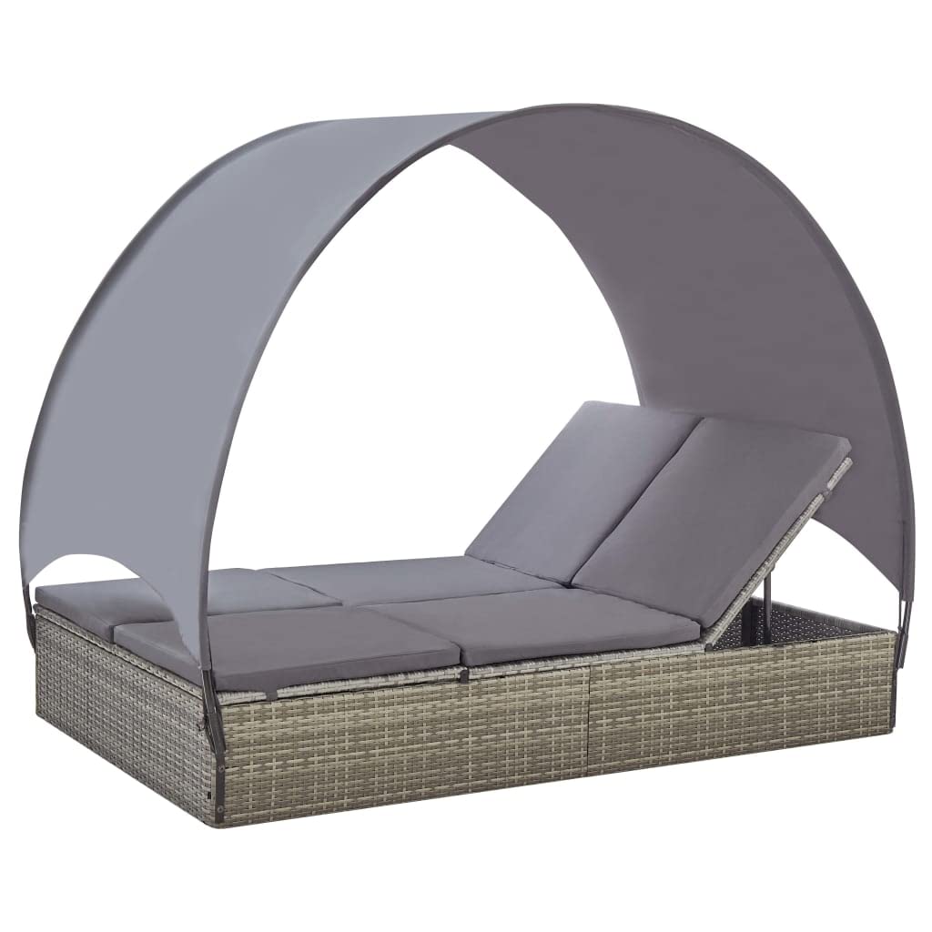 vidaXL - Double Sun Lounger with Adjustable Canopy and Cushions, Poly Rattan, Weather-Resistant, Steel Frame, Gray and Dark Gray, for Patio/Garden/Poolside