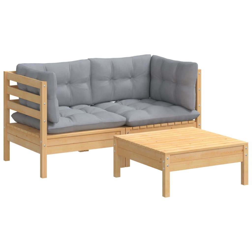 vidaXL Solid Pinewood Patio Lounge Set 3 Piece with Gray Cushions Garden Outdoor Lawn Yard Terrace Balcony Wooden Seat Seating Furniture