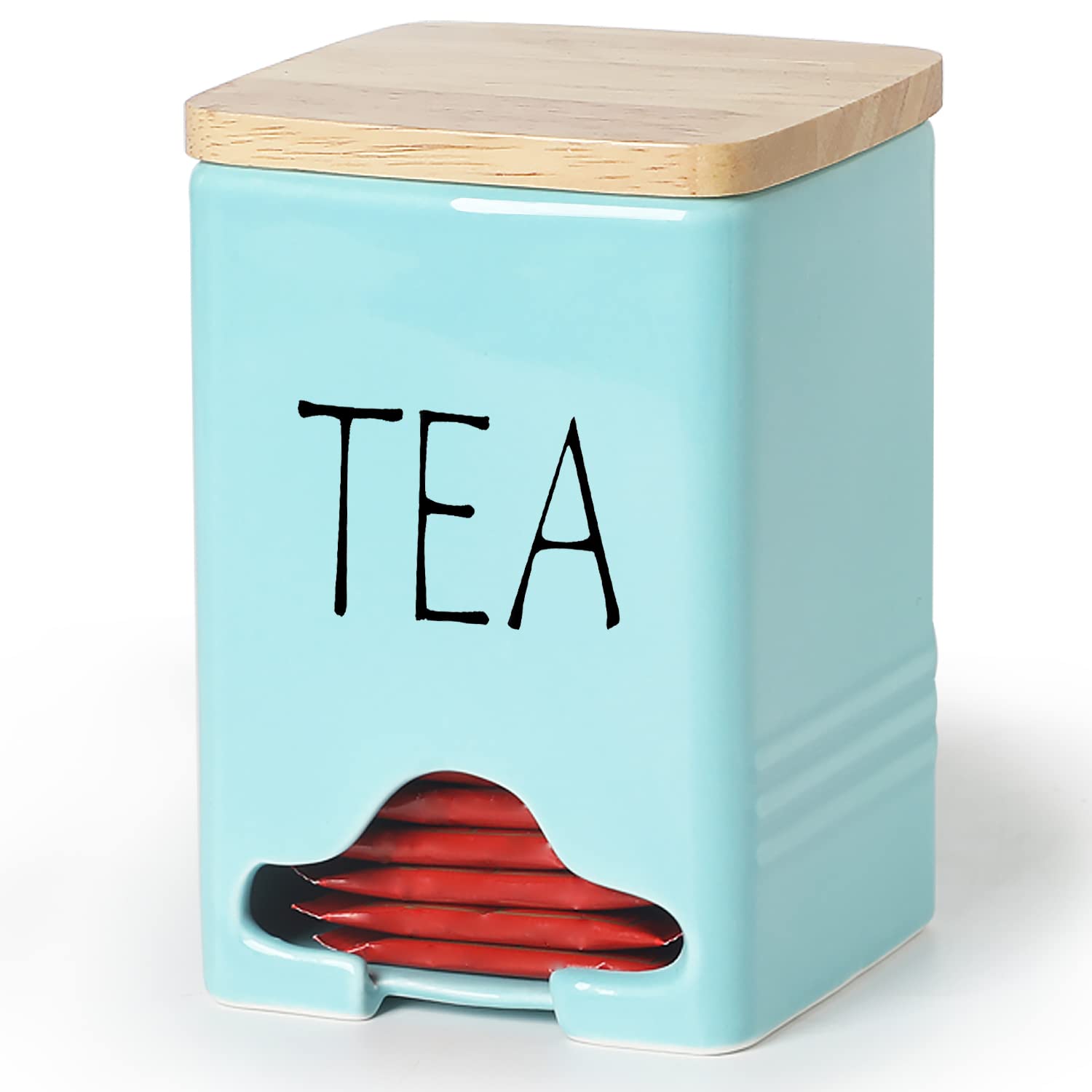 QUXIJA Ceramic Farmhouse Tea Bag Storage Organizer Caddy Holder with Lid (Turquoise)