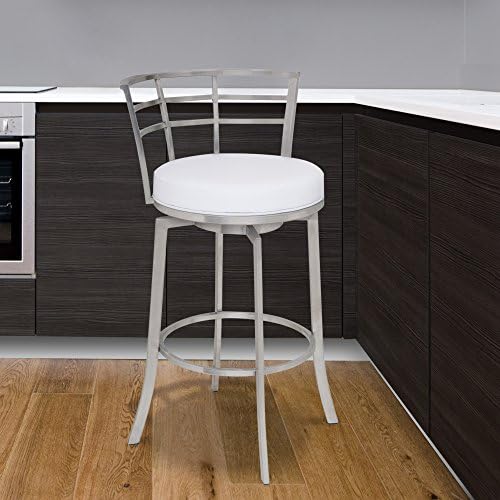 Armen Living Viper 26'' Counter Height Swivel Barstool in Brushed Stainless Steel finish with White Faux Leather