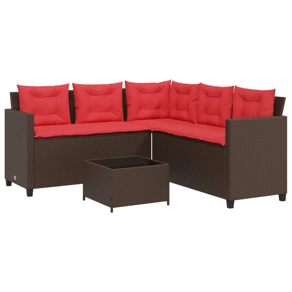 vidaXL Patio Sofa Set - PE Rattan, L-Shaped, Cushions, Tempered Glass Table, Durable Steel Frame, Comfortable Seating - Red and Brown