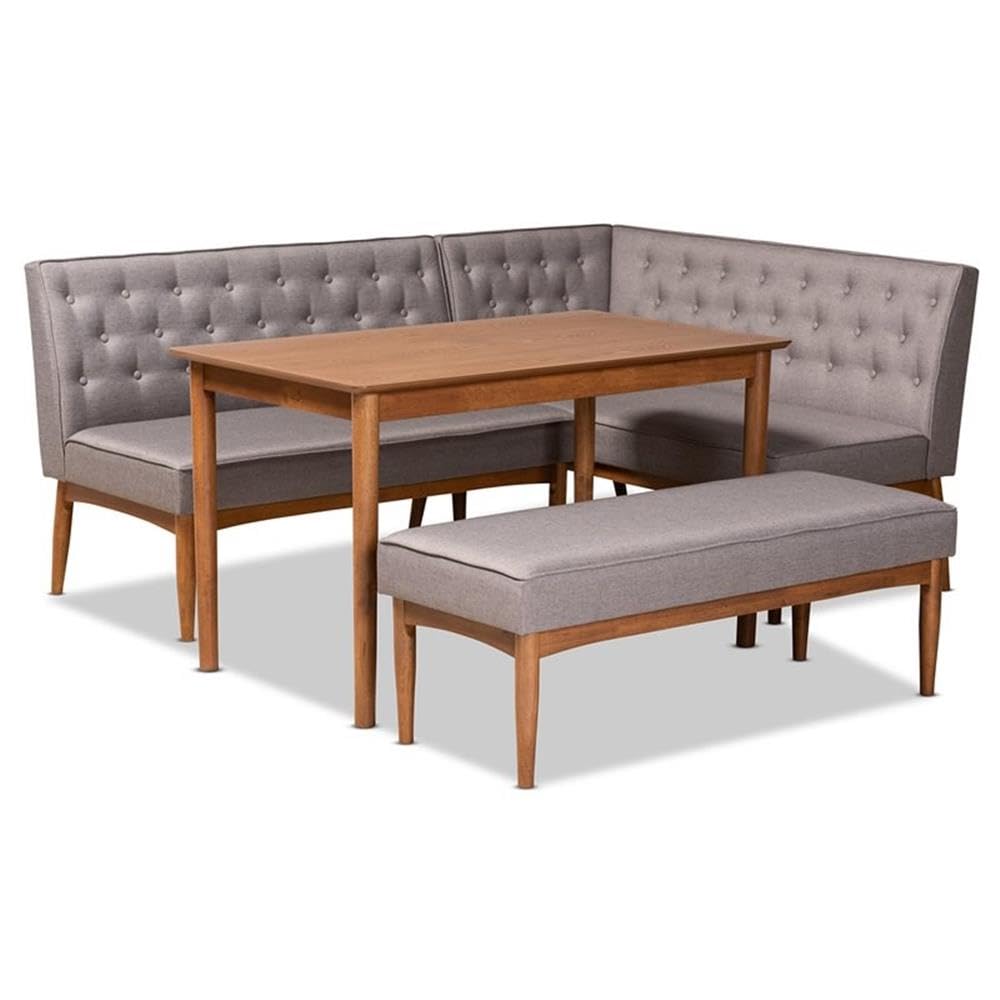 Baxton Studio Riordan Mid-Century Modern Grey Fabric Upholstered and Walnut Brown Finished Wood 4-Piece Dining Nook Set