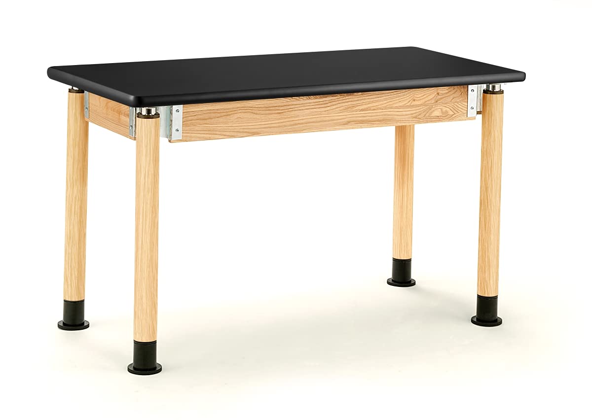 National Public Seating Signature 60&quot; L x 30&quot; W Height Adjustable School Science Lab Utility Table with HPL Top - Oak, Black