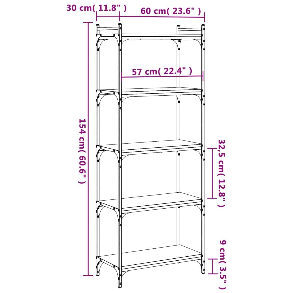 vidaXL 5-Tier Black Engineered Wood Bookshelf with Metal Frame - Storage Display Cabinet for Office, Bedroom, Living Room
