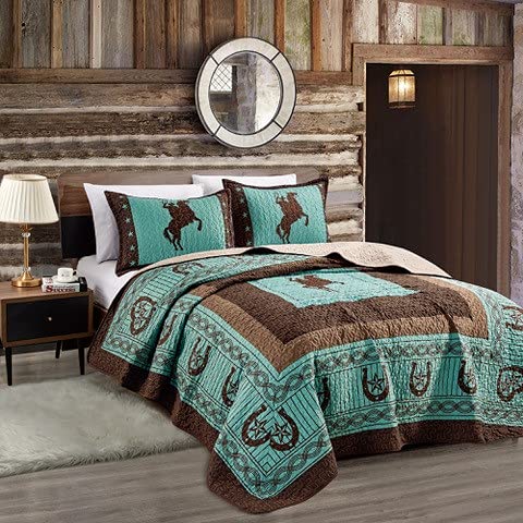 Sapphire Home Luxury 3-Piece Quilt Bedspread Set - Western Design Collection - Wild Horse Country/Horseshoe/Star/Cowboy/Southwes