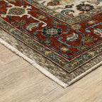 HomeRoots 507987 8 x 11 ft. Ivory Red Green Gray Blue & Navy Oriental Power Loom Stain Resistant Rectangle Area Rug with Fringe