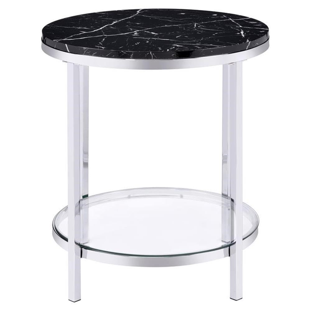 Acme Virlana Round Faux Marble Top End Table With Metal Base In Black And Chrome