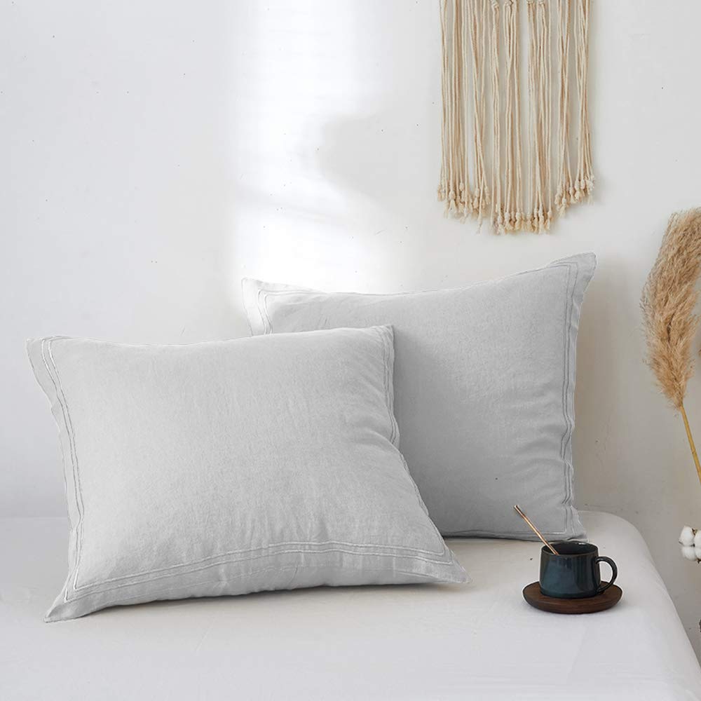 Simple&Opulence 100% French Linen Euro Shams With Embroidery (26'' X 26'') - Pack Of 2 - Pre Washed Solid Color Natural Flax Soft Breathable - Grey