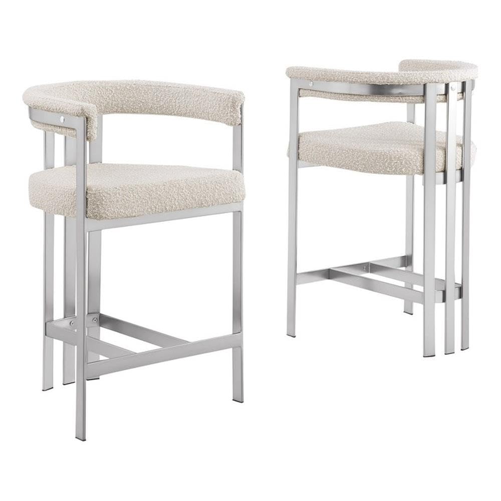 Best Quality Furniture Modern Upholstered Bar Stool With Cream Boucle Fabric – Matte Brushed Chrome Legs In Silver – Versatile Living Room & Dining Room Seating – Set Of 2