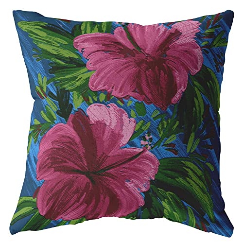 HomeRoots Hot Pink On Blue 20â€ Pink Blue Hibiscus Suede Decorative Throw Pillow