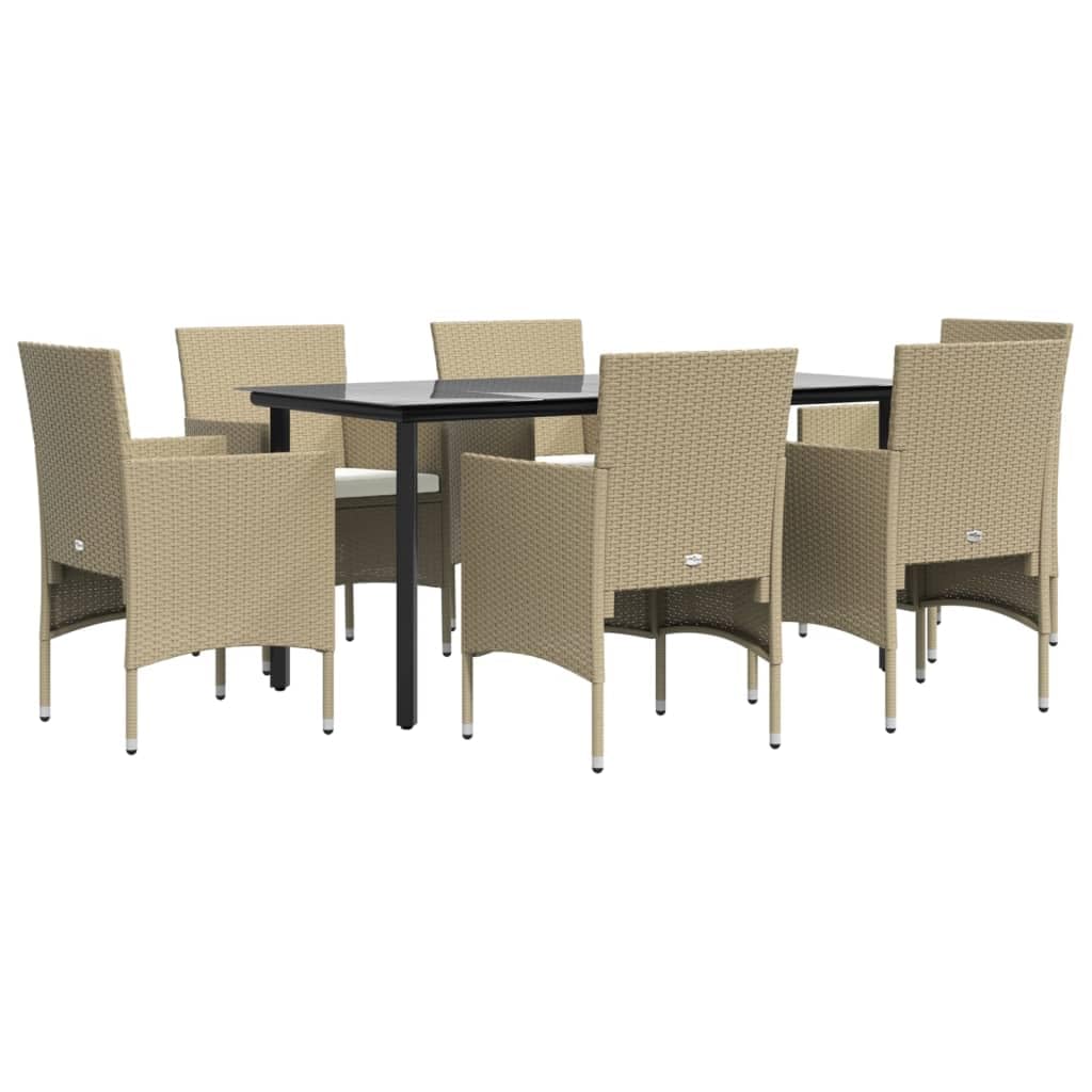 vidaXL 7 Piece Patio Dining Set - Weather-Resistant, with Cushions, PE Rattan Chairs, Tempered Glass Tabletop - Modern Style for Outdoors, Garden, Lounge, Patio Deck - Beige and Black