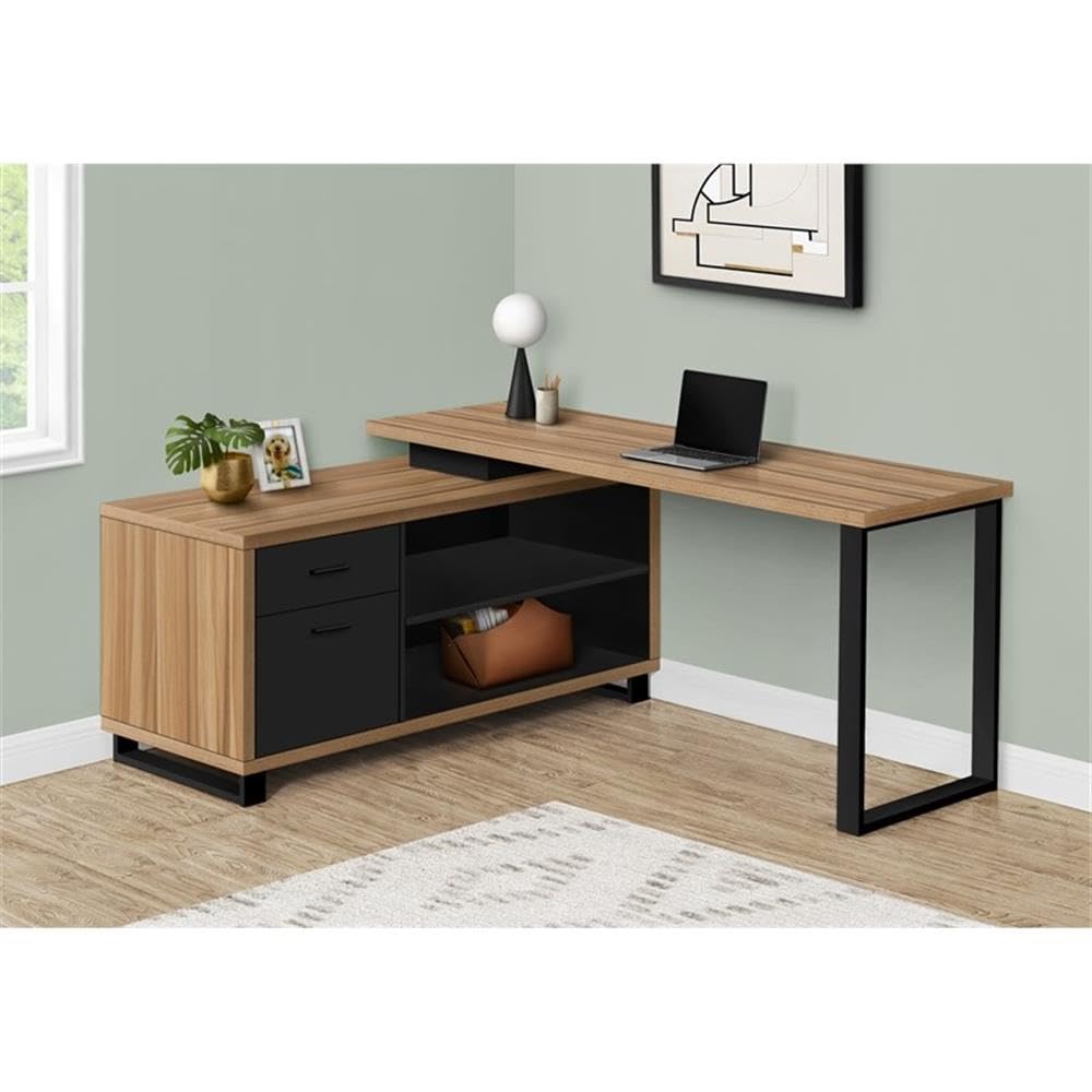 Monarch Specialties I 7712 Computer Desk, Home Office, Corner, Storage Drawers, 72&quot; L, L Shape, Work, Laptop, Metal, Laminate, Brown, Black, Contemporary, Modern
