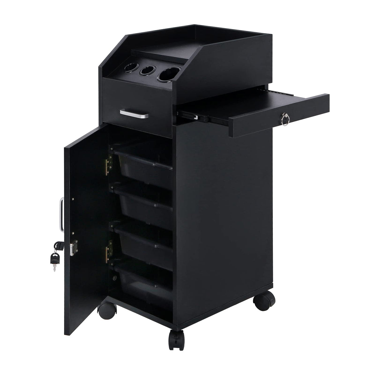 Winado Hair Salon Storage Cart with Wheels & 3 Hair Dryer Holders & 4 Drawers & Lock & 2 Keys, Hairdressing Tools Station Mobile