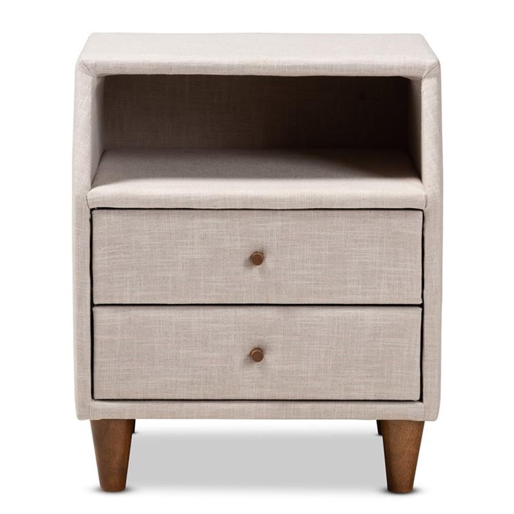 Baxton Studio Claverie Mid-Century Modern Beige Fabric Upholstered 2-Drawer Wood Nightstand