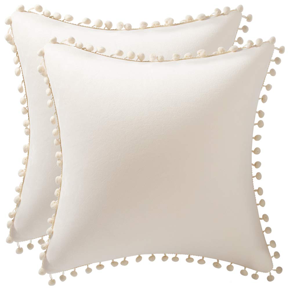 Dezene Couch Pillow Covers 24X24 Cream: 2 Pack Cozy Soft Pom-Poms Velvet Square Throw Pillow Cases For Farmhouse Home Decor
