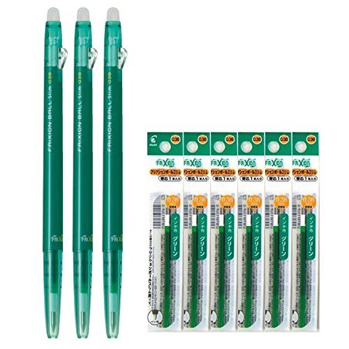 Pilot Frixion Ball Slim 038 Retractable Erasable Gel Ink Pen, Extra Fine Point 0.38Mm, Green Ink, 3 Pens & 6 Refills Value Set