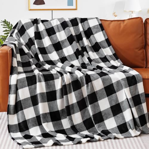 Touchat Fleece Throw Blankets, Black And White Buffalo Plaid Throw Blanket For Couch Sofa Bed, Soft Warm Fuzzy Cozy Plush Checke