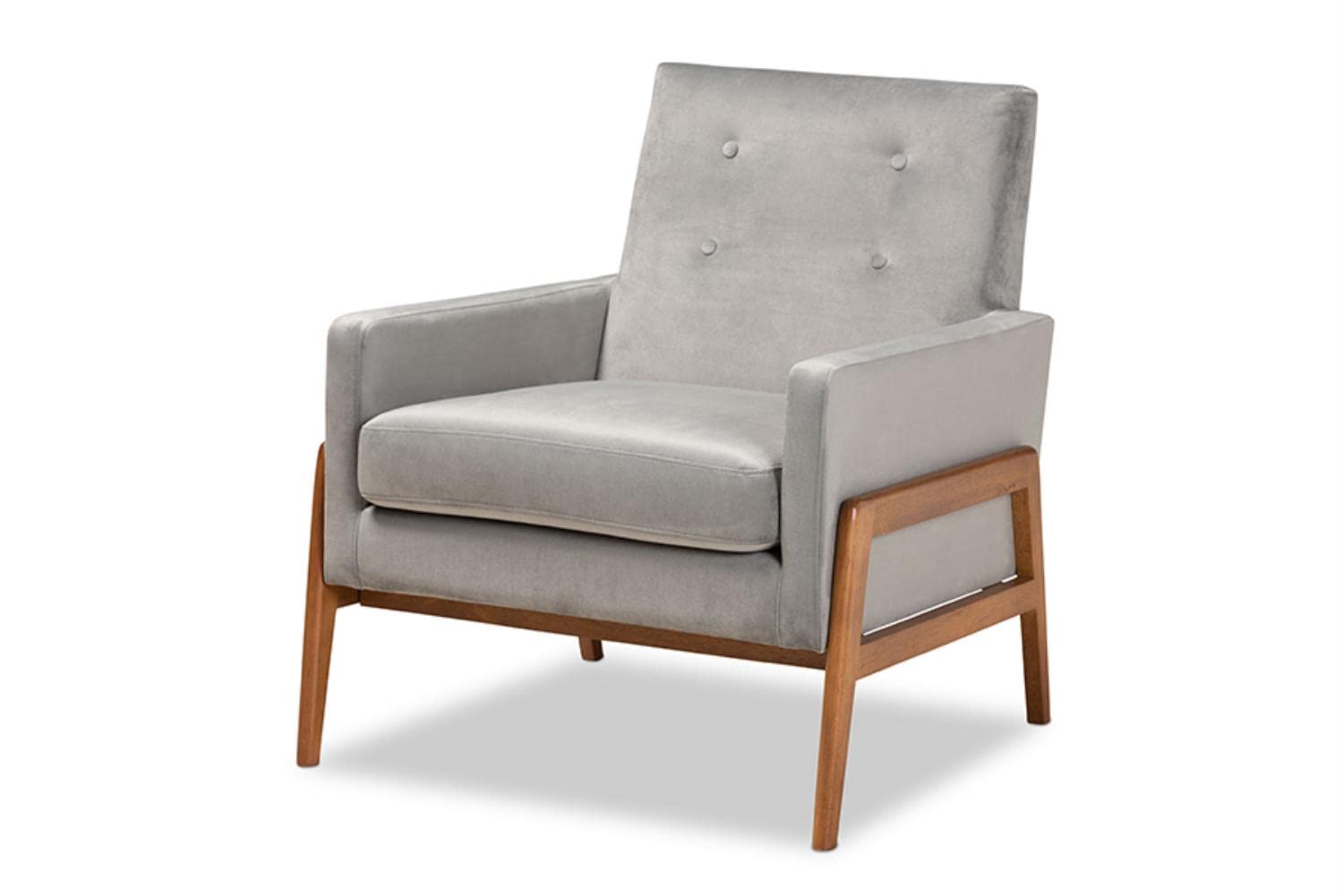 Baxton Studio Perris Mid-Century Modern Grey Velvet Fabric Upholstered and Walnut Brown Finished Wood Lounge Chair