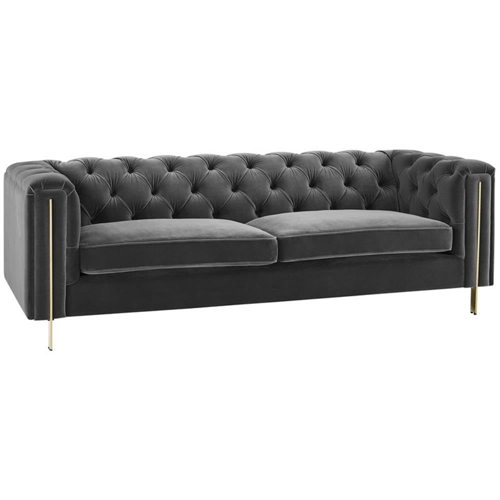 Steve Silver Furniture Charlene Button Tufted Sofa, Classic Chesterfield w/Modern Brass Accents, Ultra-Soft Warm Gray Velvet, Durable Hardwood Frame, Living Room, 35.5&quot; D x 84&quot; W x 32&quot; H, Grey