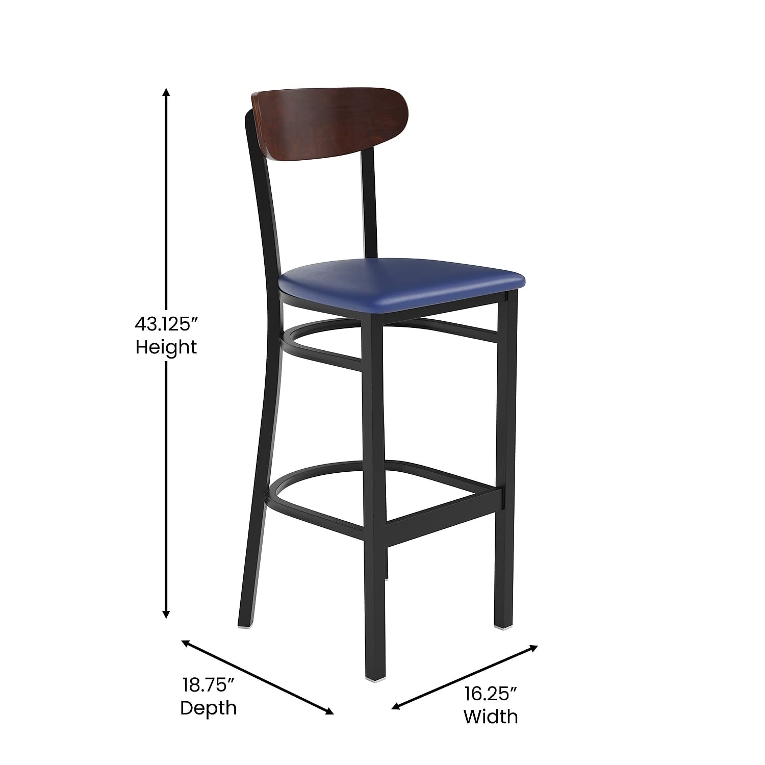 Flash Furniture Wright Commercial Barstool - Walnut Finish Wood Boomerang Back - Blue Vinyl Seat - 500 Lb. Capacity Black Steel Frame - Integrated Footrest