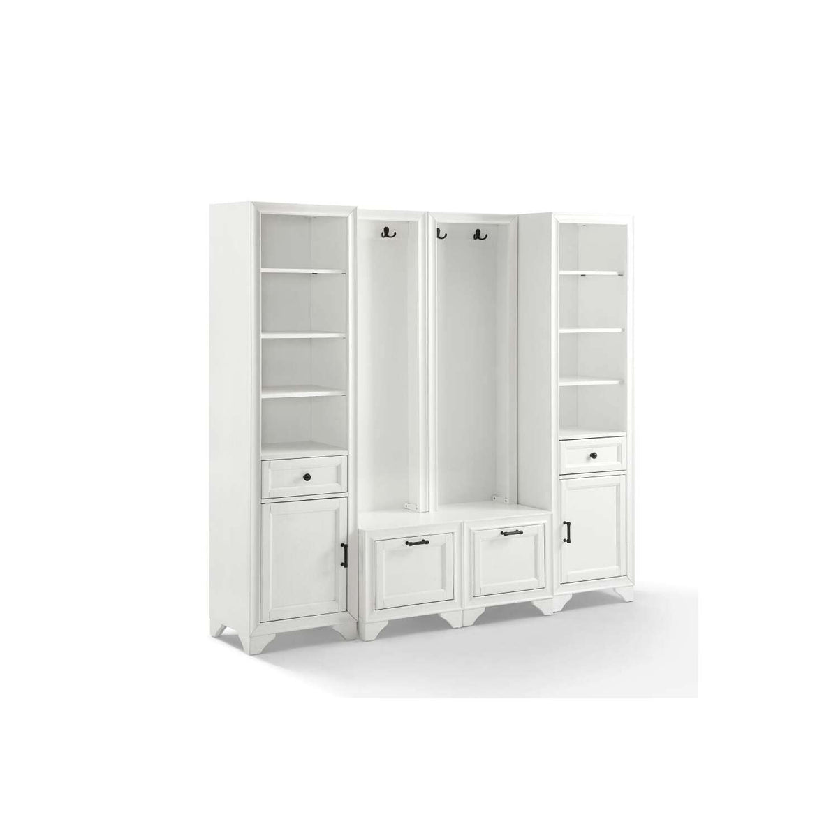 Crosley Furniture KF33010WH Tara 4-Piece Entryway Set with 2 Hall Trees and 2 Linen Cabinets, Distressed White