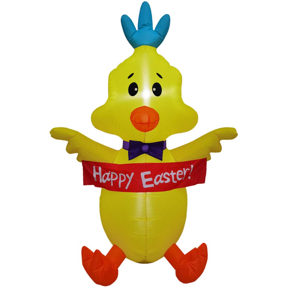 5-Ft. Tall Chick Holding A Happy Easter Banner, Outdoor/Indoor Blow Up Spring Inflatable With Lights