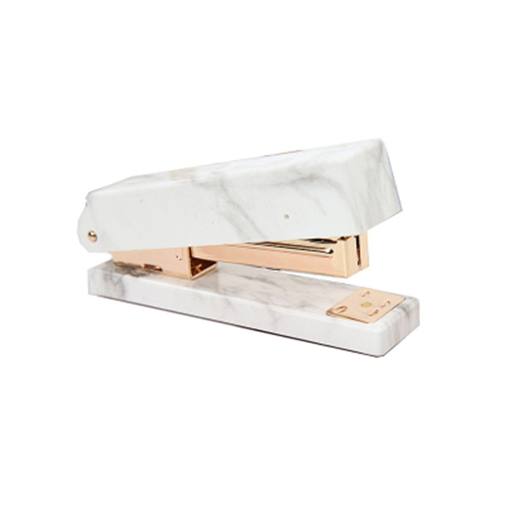 Mei Yi Tian White Marble Stapler Heavy Duty Desktop Staplers Gold Tone For Office Supplies With Non-Slip Base (Marble Gold Stapl