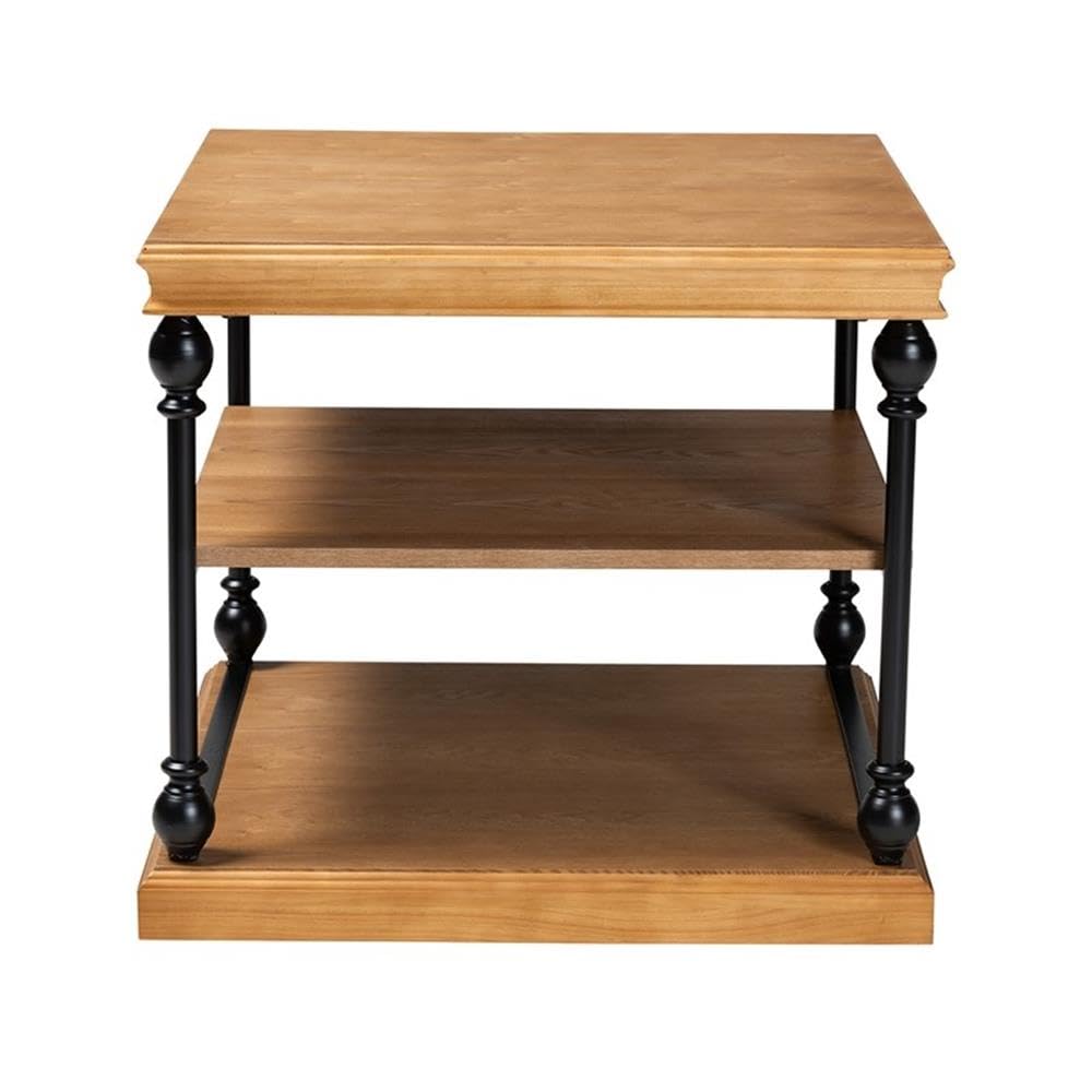 Baxton Studio Sebastian Oak Brown Wood and Black Metal 3-Tier End Table