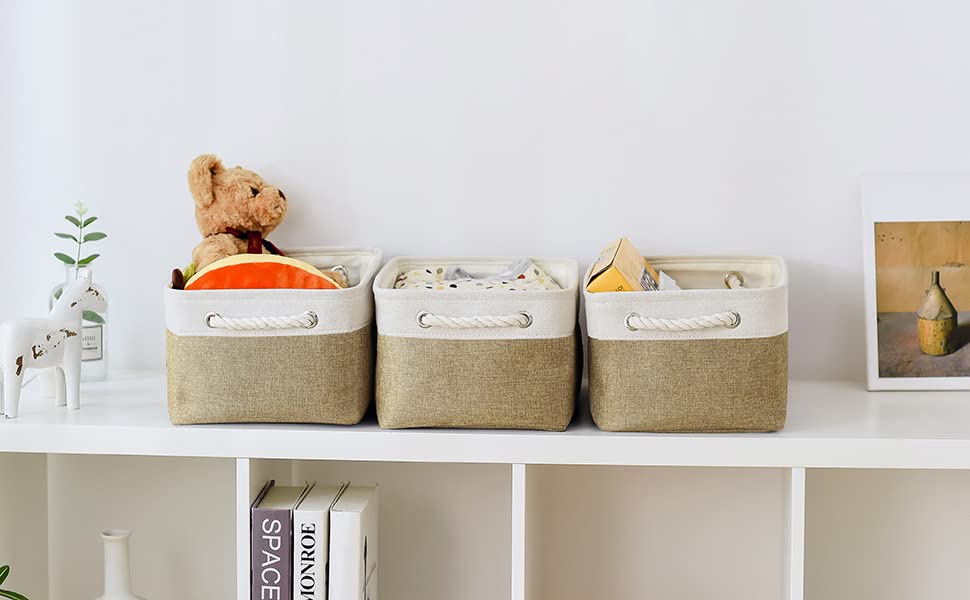 Thewarmhome Storage Basket For Organizing - 14X10X7 Inch Medium 3 Pack Collapsible Storage Bin For Shelves With Handles, Canves