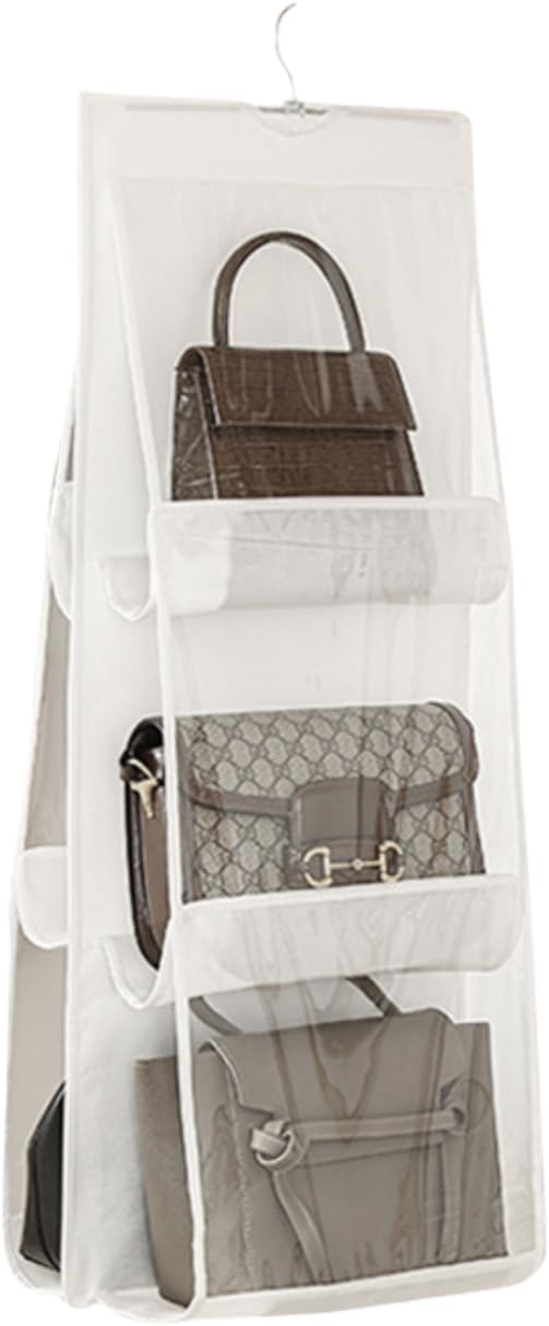 Xpandio 1 Pc 6 Pockets Hanging Purse Handbag Organizer Clear Hanging Shelf Bag Collection Storage Holder Purse Bag Wardrobe Clos