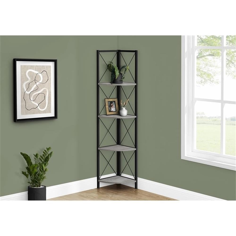 Monarch Specialties I 3647 Bookshelf, Bookcase, Etagere, Corner, 4 Tier, 60' H, Office, Bedroom, Metal, Laminate, Grey, Black, Contemporary, Modern