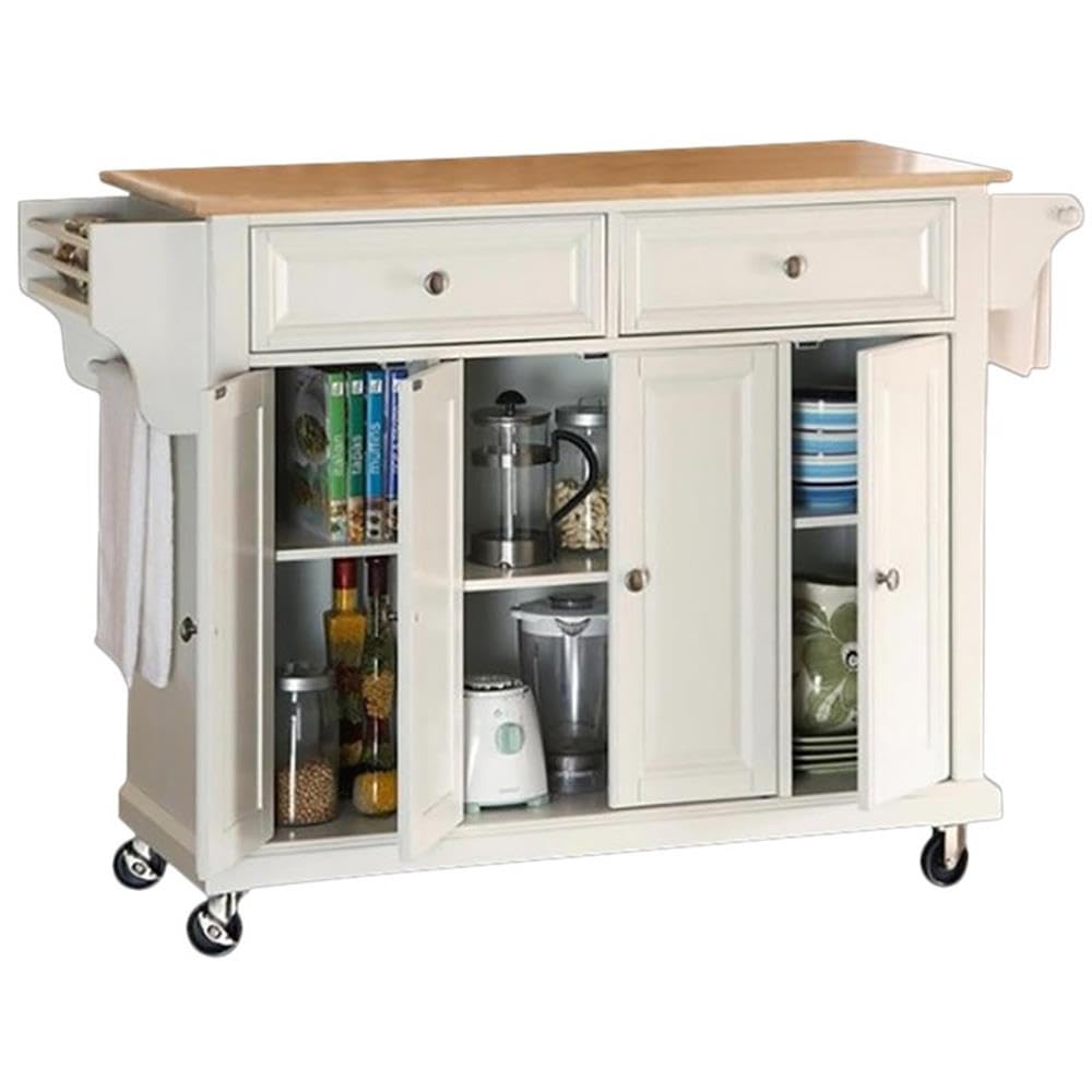 Crosley Furniture Full Size Wood Top Rolling Kitchen Island Storage Cart, Microwave Stand, Spice Rack, White