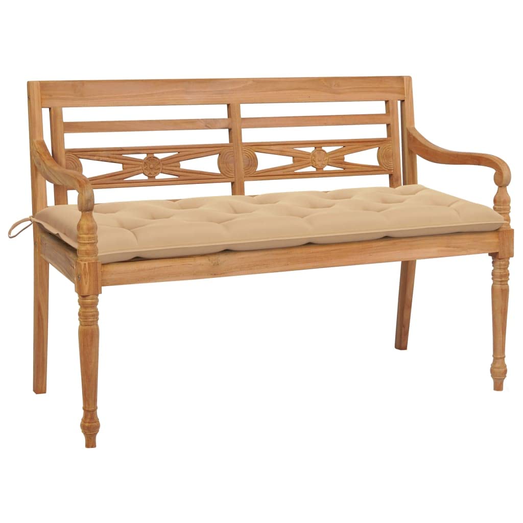 Vidaxl Solid Teak Wood Batavia Bench With Beige Cushion Outdoor Patio Porch Home Balcony Backyard Terrace Lounge Seating Wooden Furniture 59.1&quot;