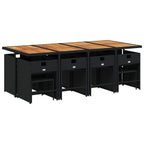 vidaXL Patio Dining Set - 13 Piece, Black Poly Rattan, Acacia Wood Tabletop, Cushions Included, Foldable Storage