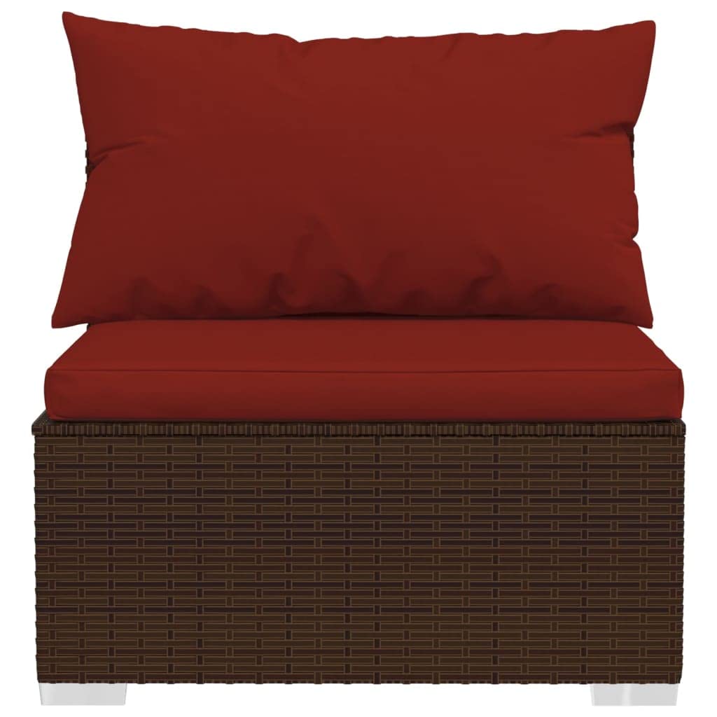 vidaXL 7-Piece Outdoor Lounge Set with Cushions, Poly Rattan Patio Furniture Set with Modular Design, Water-Resistant PE Rattan and Powder-Coated Steel Frame, Brown with Cinnamon Red Cushions
