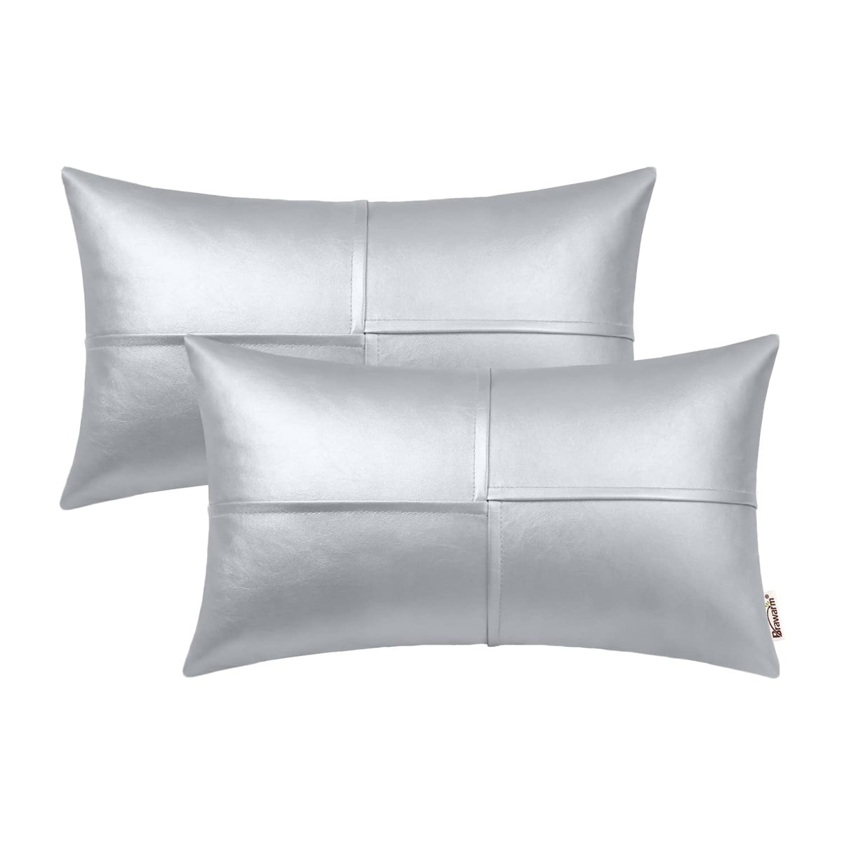 Brawarm Faux Leather Throw Pillow Covers 12 X 20 Inches, Silver Leather Lumbar Pillow Covers Pack Of 2, Hand Stitched Leather De