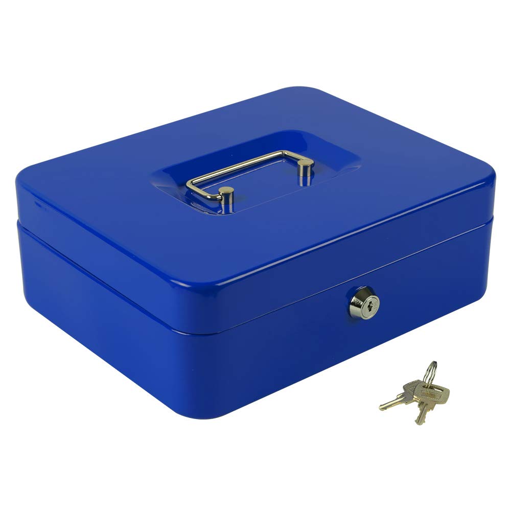 Kyodoled Large Lock Box With Money Tray,Storage Cash Box With Lock,Safe Metal Box For Money,9.84'X 7.87'X 3.54' Blue Large