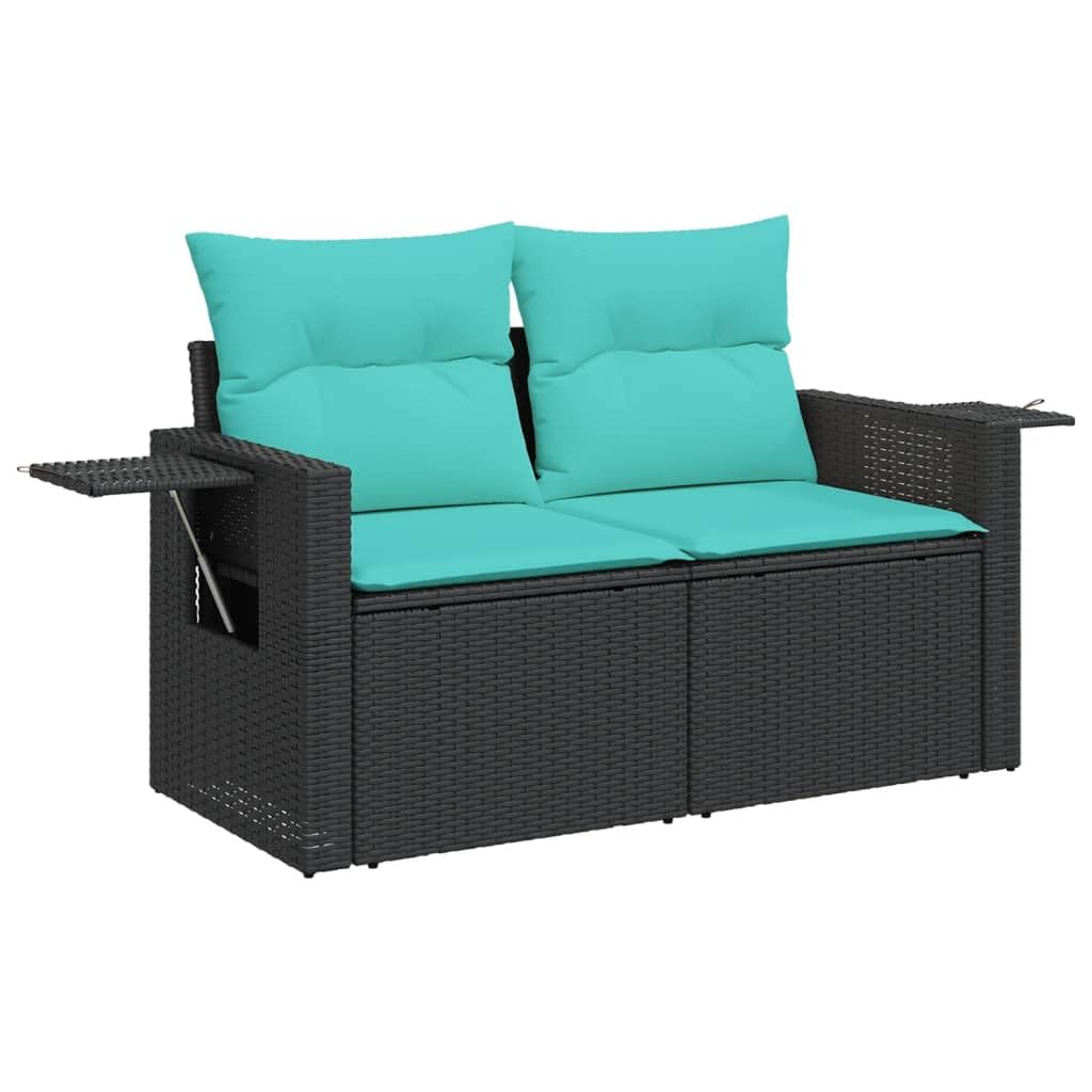 vidaXL Patio Sofa with Cushions - 2-Seater Outdoor Loveseat, Black Poly Rattan with Foldable Side Table - Comfortable, Weather-Resistant, Washable Covers - UV-Resistant, Adjustable Feet - Dimensio...