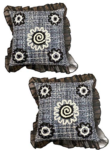 Fancy Handloom Raw Silk Embroidered Black Cushion Cover With Fringe Border On All Sides For Home Decoration (Size 16X16)Set O