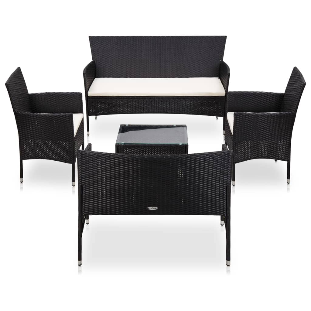 vidaXL 5 Piece Patio Furniture Set – 3-Seater, 2-Seater Sofas, 2 Armchairs, Coffee Table – PE Rattan, Powder-Coated Steel – Black and Cream White