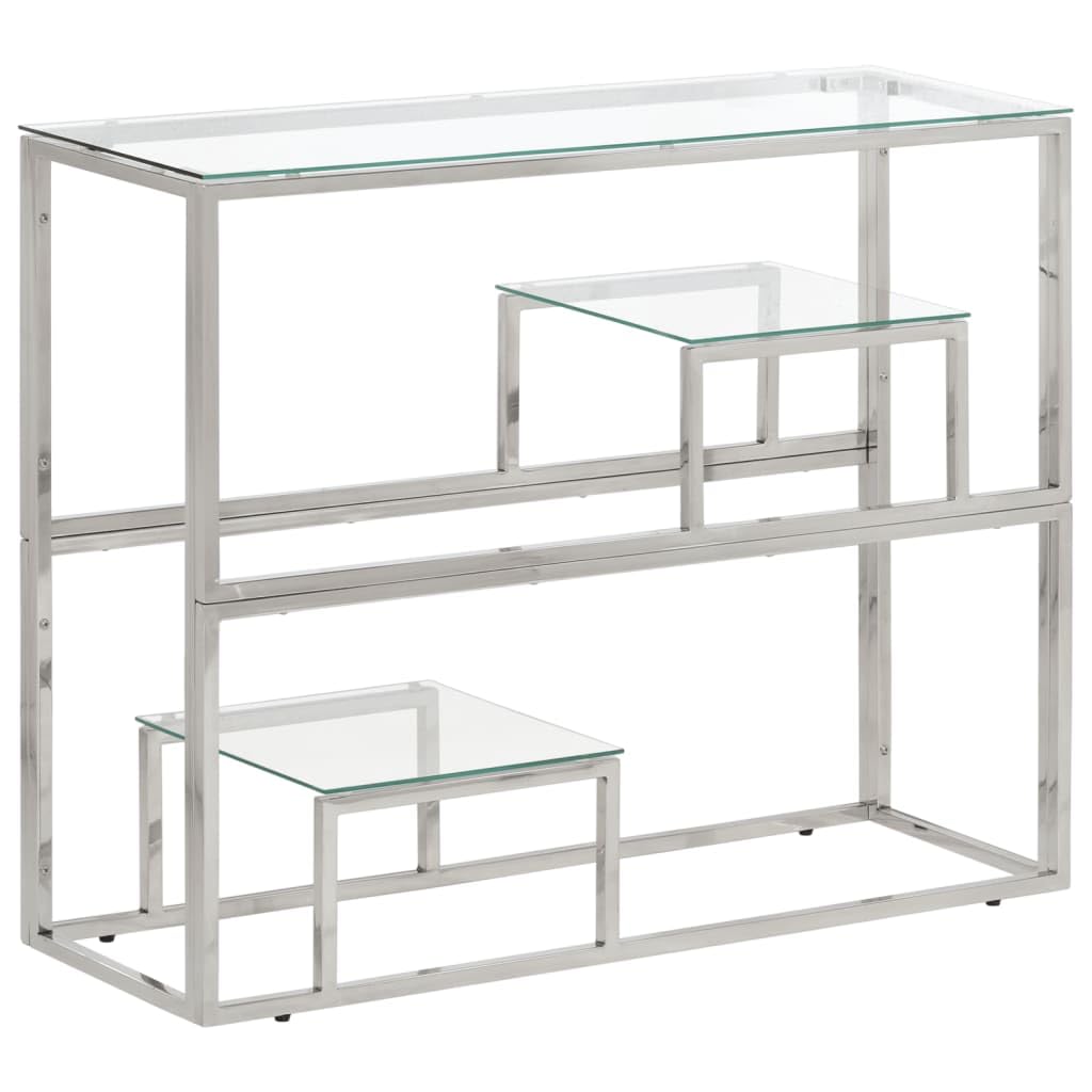 vidaXL Silver Console Table with Tempered Glass Top - Modern Stainless Steel Sofa Table for Entryway, Hallway Decor, Living Room Display - 35.4 x 11.8 x 27.6