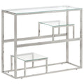 vidaXL Silver Console Table with Tempered Glass Top - Modern Stainless Steel Sofa Table for Entryway, Hallway Decor, Living Room Display - 35.4 x 11.8 x 27.6