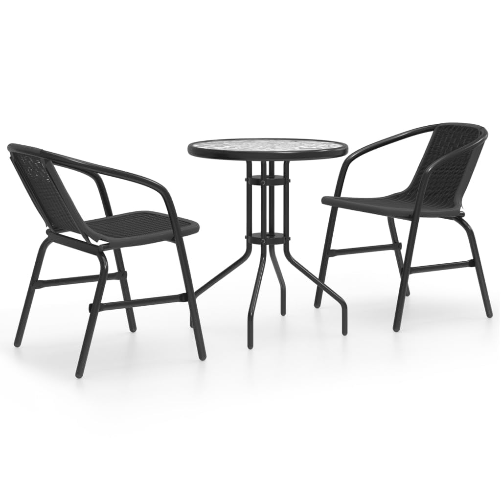 vidaXL 3-Piece Patio Dining Set in Black - Stackable Armchairs with Plastic Rattan Seats - Steel Frame with Thick Tempered Glass Tabletop
