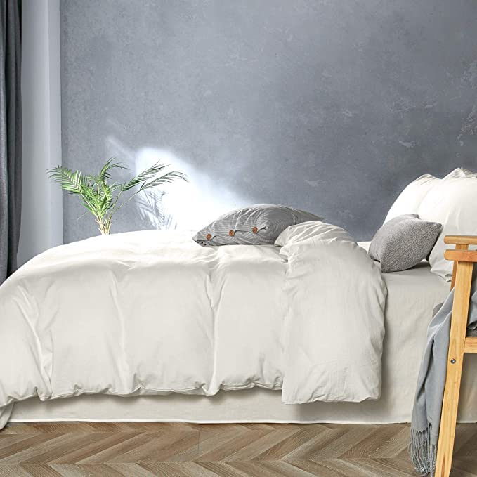 Jellymoni Cotton White Duvet Cover Set - 100% Washed Cotton Linen Like Textured Oversized King Comforter Cover, 3 Pieces Soft Be