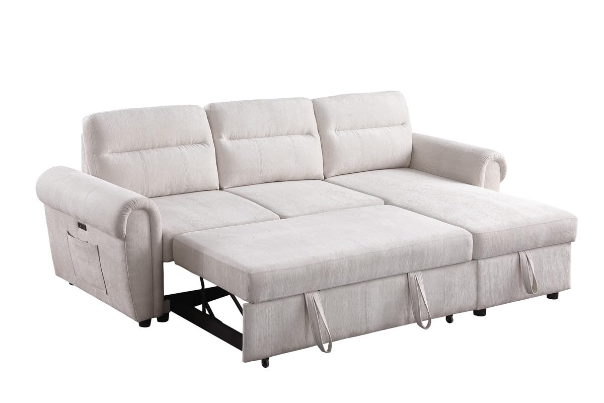 Lilola Home Hugo 97' W Beige Chenille Reversible Sleeper Sectional Sofa with Storage Chaise, USB Chargers, Phone/Magazine Pockets
