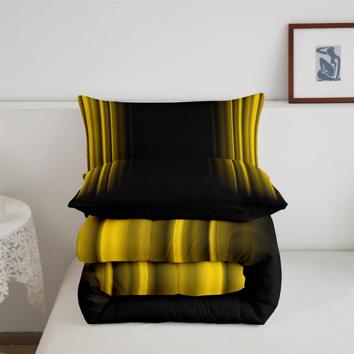 Geometric Abstract Ombre Bedding Bed Set Men Adults Teens Yellow And Black Striped Comforter Set Kids Boys Girls Simple Modern Comforter Inner Fill Bedroom Collection 3Pcs Full Size
