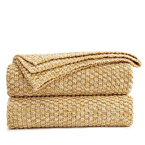 Longhui Bedding Gold Knitted Throw Blanket For Couch, Soft, Cozy Machine Washable 100% Cotton Sofa Blanket, Heavy 2.5Lb Weight,
