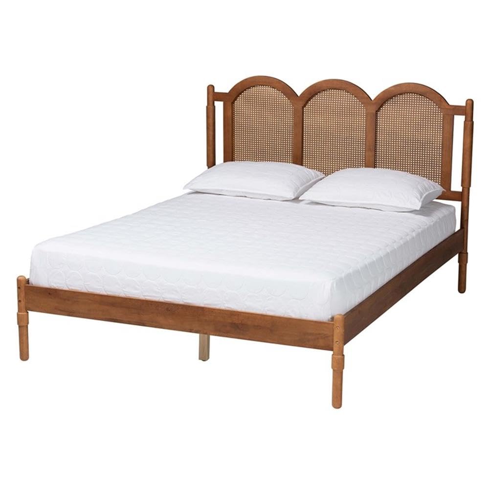 Baxton Studio Thatcher Mid-Century Modern Walnut Brown Finished Wood Queen Size Platform Bed With Woven Rattan