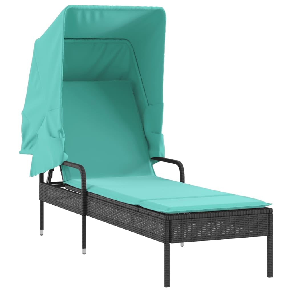 vidaXL Sun Loungers with Canopies and Table Furniture - Adjustable Reclining Patio/Garden Chaise Lounge Set, Black Poly Rattan, Turquoise Cushions