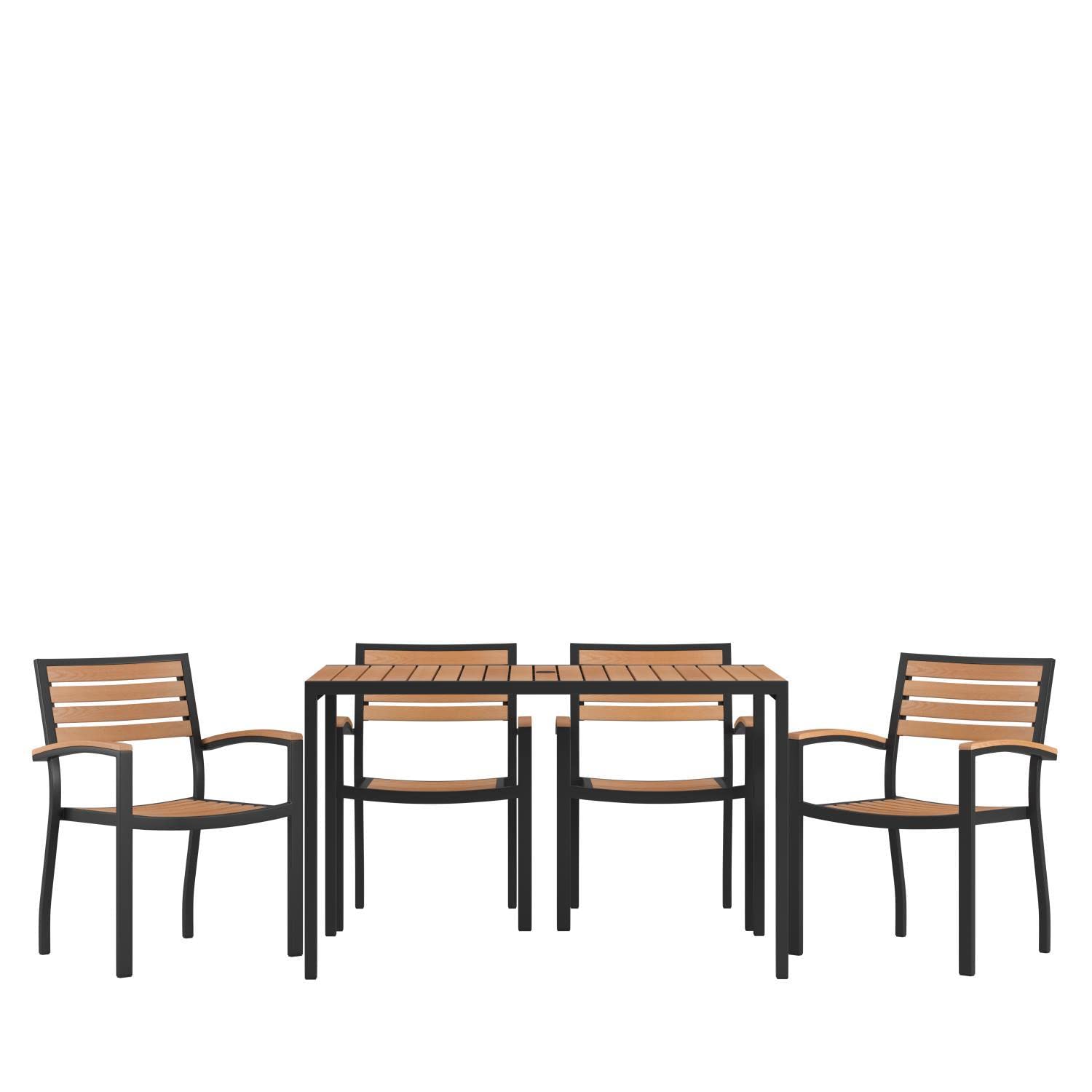 Flash Furniture Lark 5 Piece Outdoor Dining Table Set - Synthetic Teak Poly Slats - 30' X 48' Steel Framed Table With Umbrella Holder Hole - 4 Stackable Club Chairs